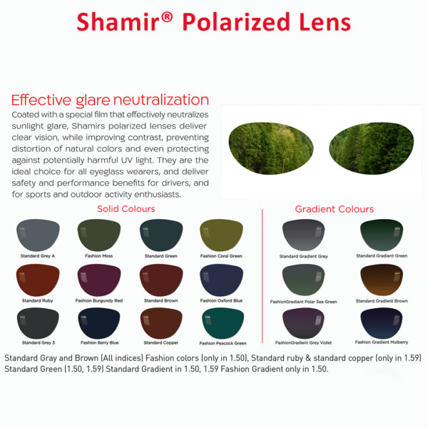 Shamir Single Vision Polarized Lenses color options